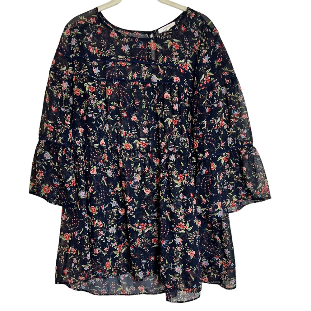 Pleione Womens Sheer Peasant Blouse Large Black Floral Tiered Cottagecore